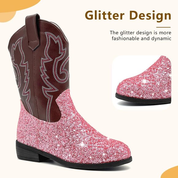 xinlanlin Kids Sequins Pink Embroidered Square Toe Mid Calf Glitter Western Boot - Picture 3 of 6